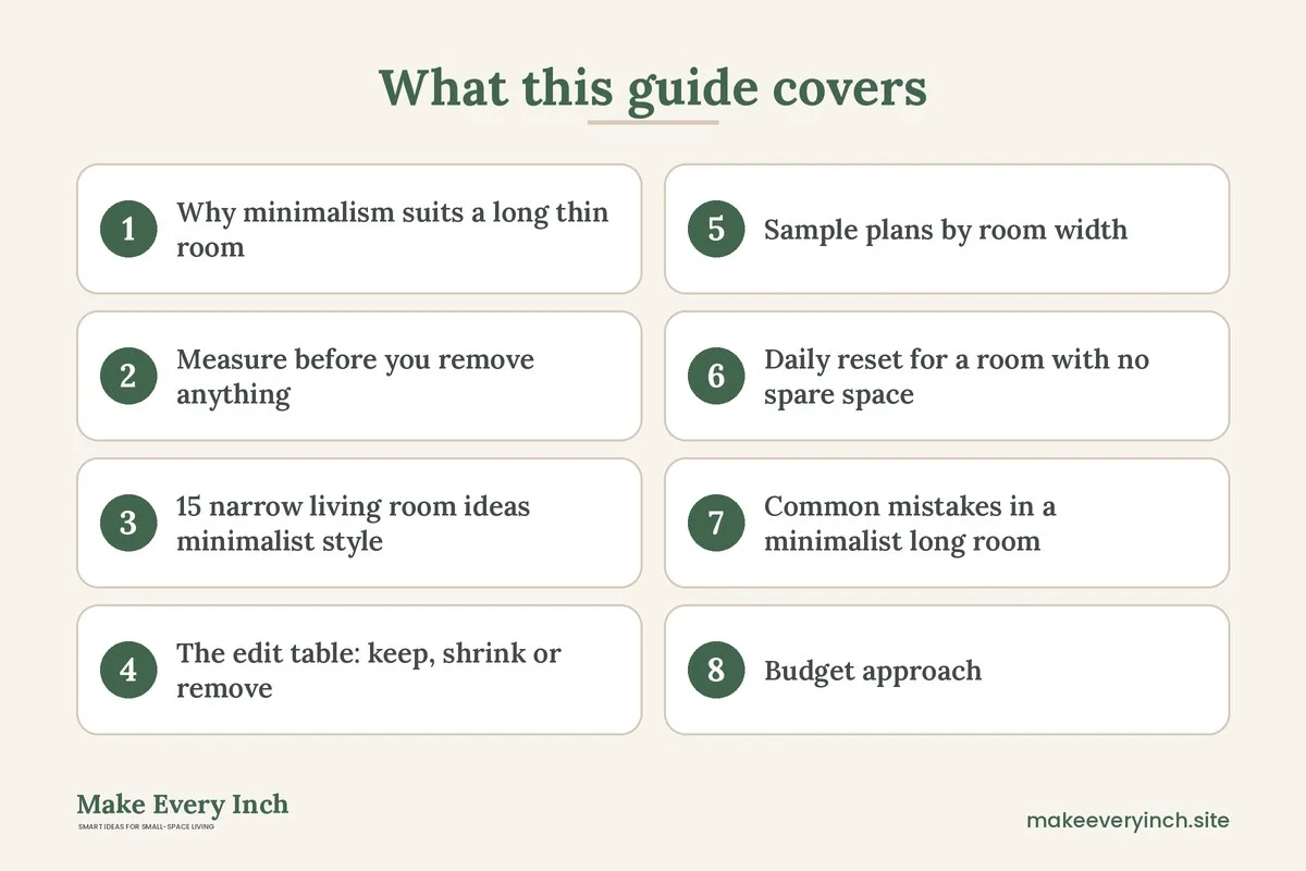 Graphic listing 8 topics covered in: 15 Narrow Living Room Ideas Minimalist Style for Long Thin Rooms