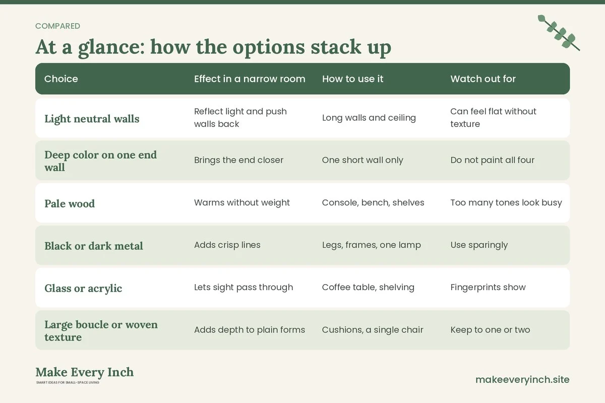 Comparison table of options for: 13 Narrow Living Room Ideas Modern Enough to Make a Long Room Feel Wide (Choice, Effect in a narrow room, How to use it, Watch out for)