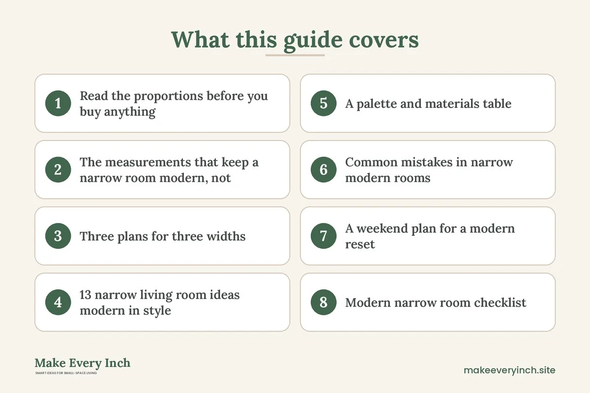 Graphic listing 8 topics covered in: 13 Narrow Living Room Ideas Modern Enough to Make a Long Room Feel Wide