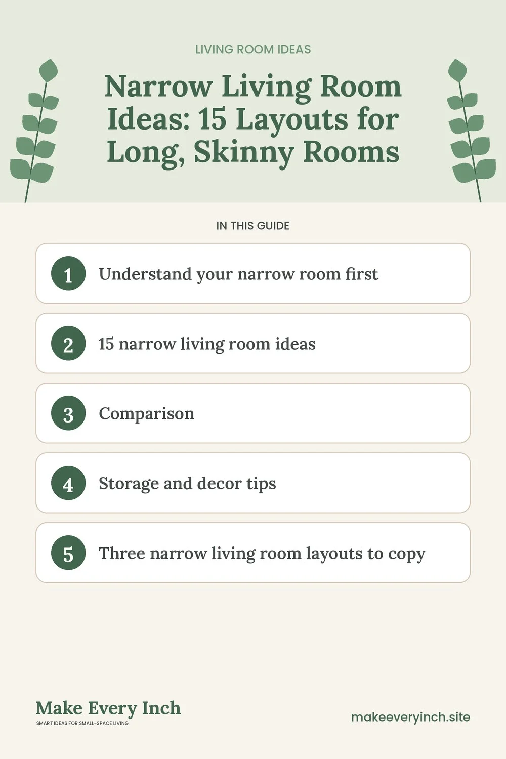 Pinterest pin listing the main topics in: Narrow Living Room Ideas
