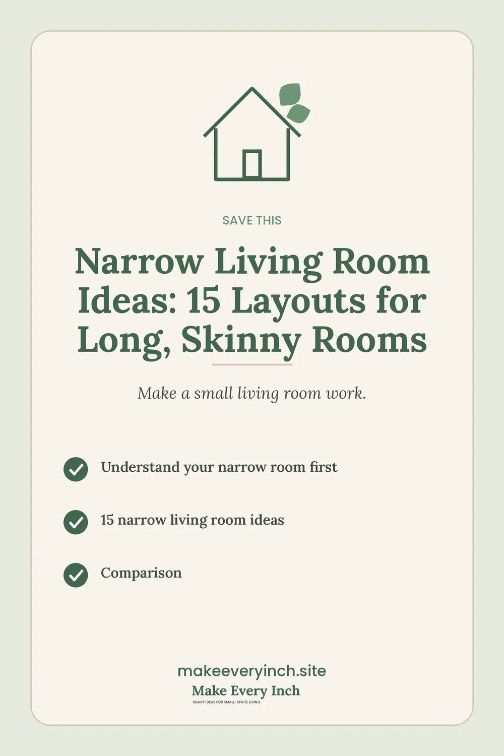 Save-this Pinterest pin with a short checklist for: Narrow Living Room Ideas