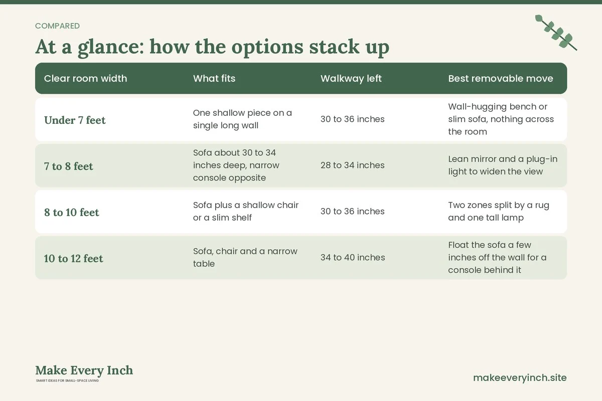 Comparison table of options for: 15 Narrow Living Room Ideas Renter Friendly Enough to Keep Your Deposit (Clear room width, What fits, Walkway left, Best removable move)