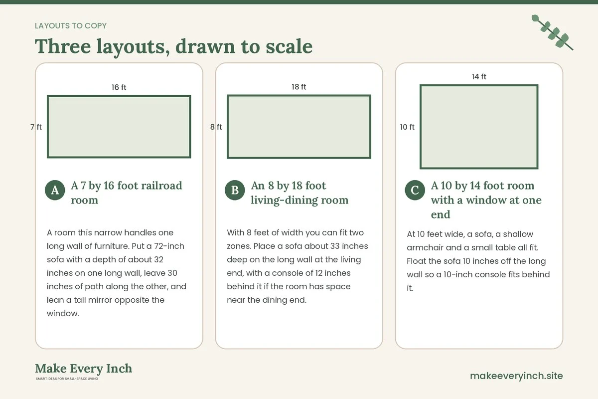 Three room layouts drawn to scale with dimensions and placement notes for: 15 Narrow Living Room Ideas Renter Friendly Enough to Keep Your Deposit