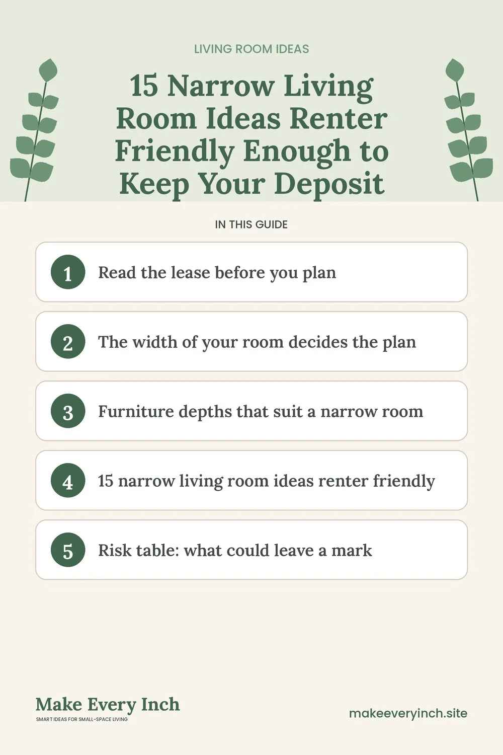 Pinterest pin listing the main topics in: 15 Narrow Living Room Ideas Renter Friendly Enough to Keep Your Deposit