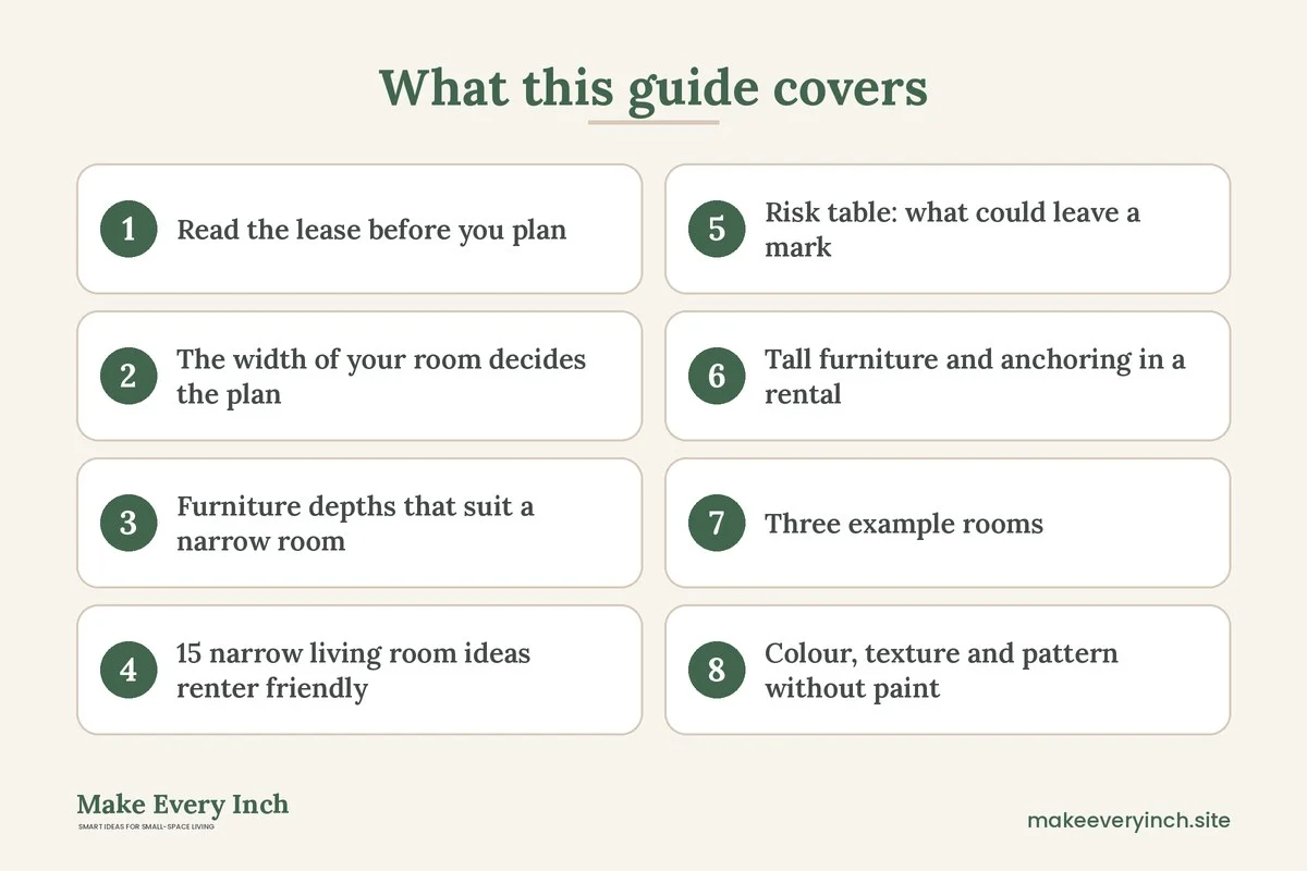 Graphic listing 8 topics covered in: 15 Narrow Living Room Ideas Renter Friendly Enough to Keep Your Deposit