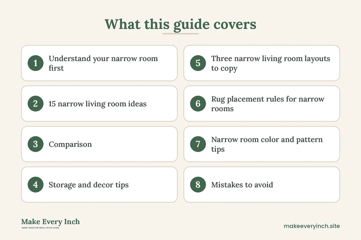 Graphic listing 8 topics covered in: Narrow Living Room Ideas