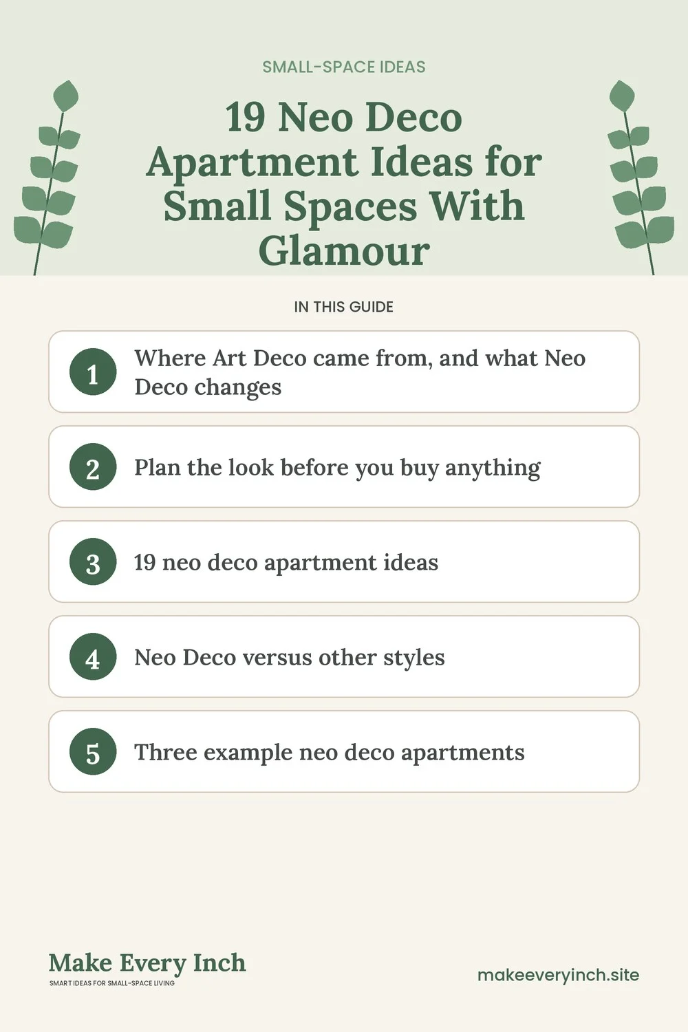 Pinterest pin listing the main topics in: 19 Neo Deco Apartment Ideas for Small Spaces With Glamour