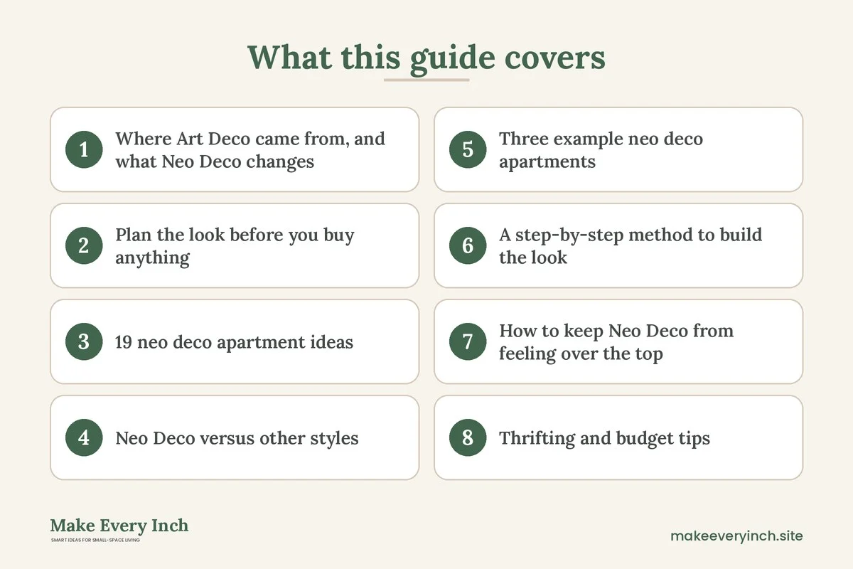 Graphic listing 8 topics covered in: 19 Neo Deco Apartment Ideas for Small Spaces With Glamour