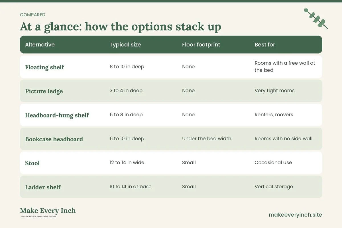 Comparison table of options for: 15 Nightstand Alternatives for Small Bedrooms (Alternative, Typical size, Floor footprint, Best for)