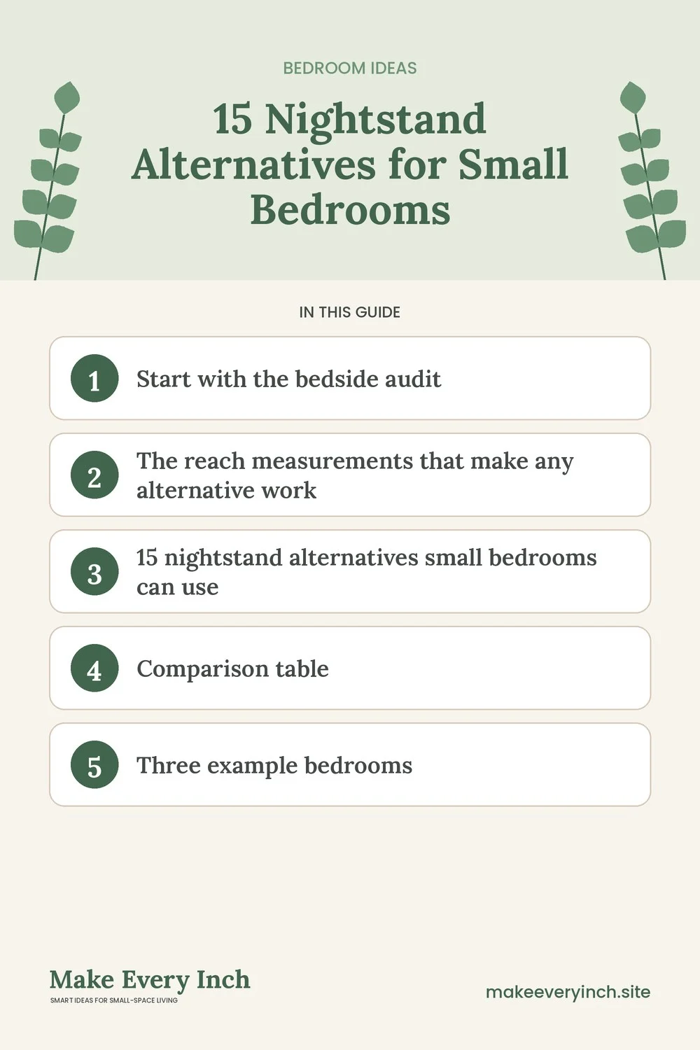 Pinterest pin listing the main topics in: 15 Nightstand Alternatives for Small Bedrooms
