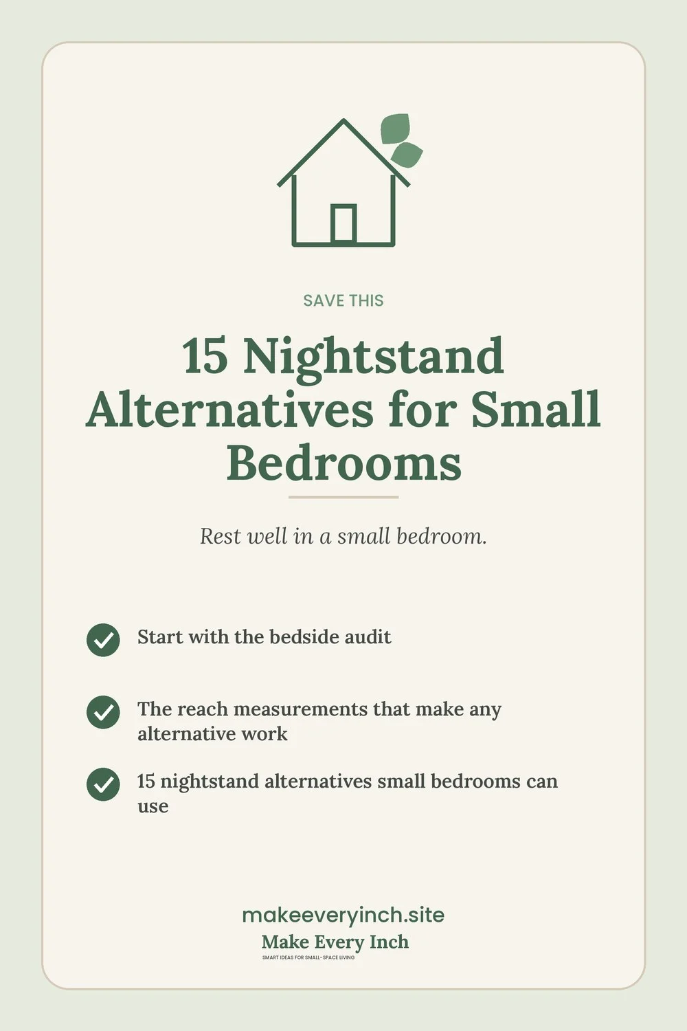 Save-this Pinterest pin with a short checklist for: 15 Nightstand Alternatives for Small Bedrooms