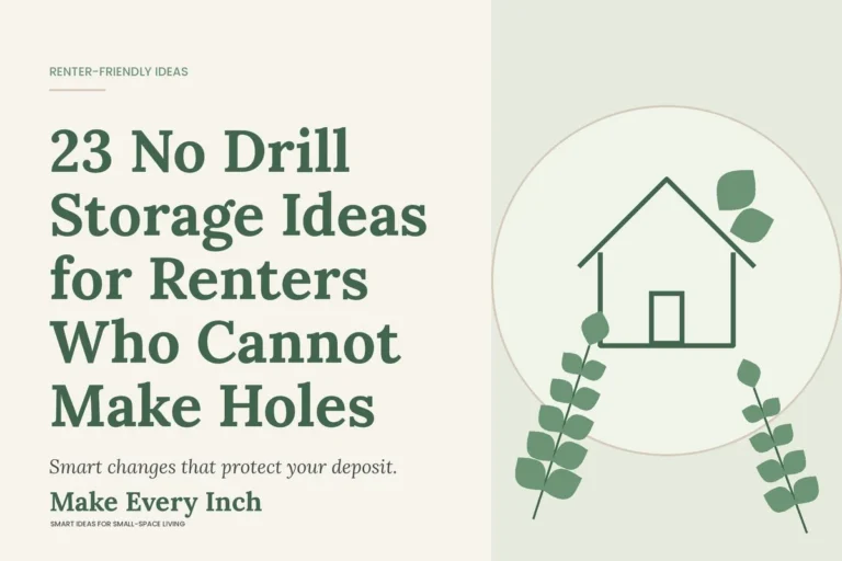 23 No Drill Storage Ideas for Renters Who Cannot Make Holes, Make Every Inch cover with a house and leaf illustration