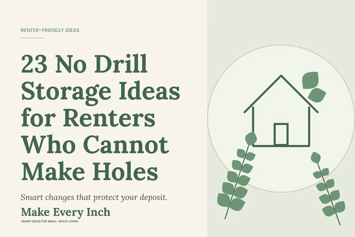 23 No Drill Storage Ideas for Renters Who Cannot Make Holes, Make Every Inch cover with a house and leaf illustration