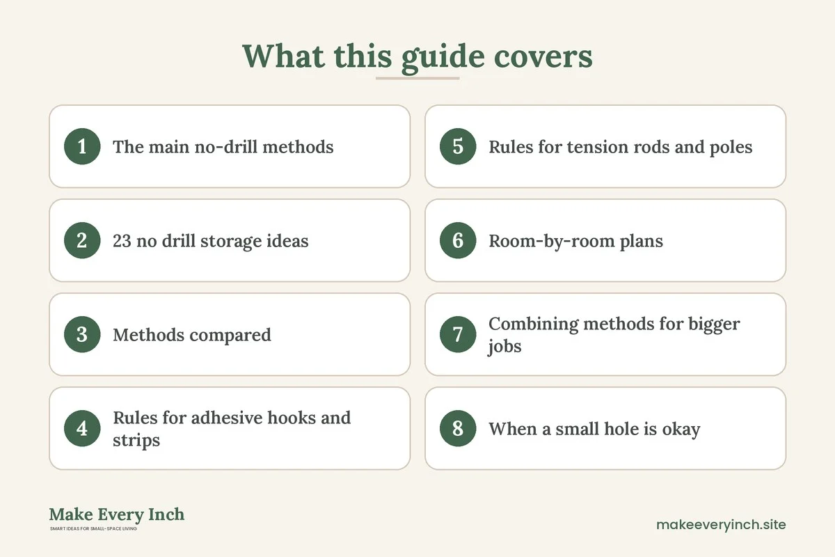 Graphic listing 8 topics covered in: 23 No Drill Storage Ideas for Renters Who Cannot Make Holes