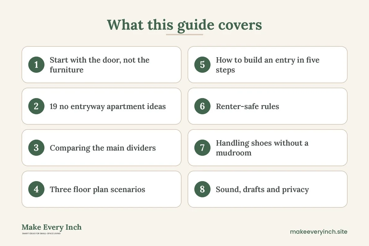 Graphic listing 8 topics covered in: 19 No Entryway Apartment Ideas to Create an Entry From Nothing
