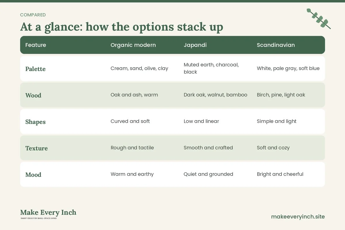 Comparison table of options for: 19 Organic Modern Apartment Ideas for Warm, Natural Rooms (Feature, Organic modern, Japandi, Scandinavian)