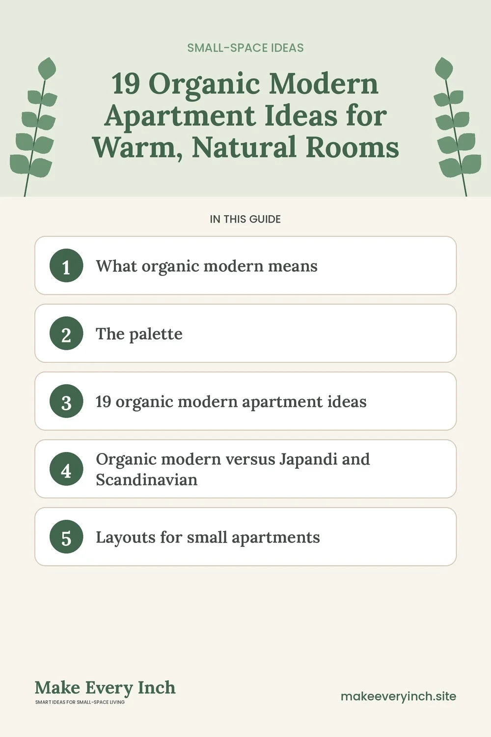 Pinterest pin listing the main topics in: 19 Organic Modern Apartment Ideas for Warm, Natural Rooms