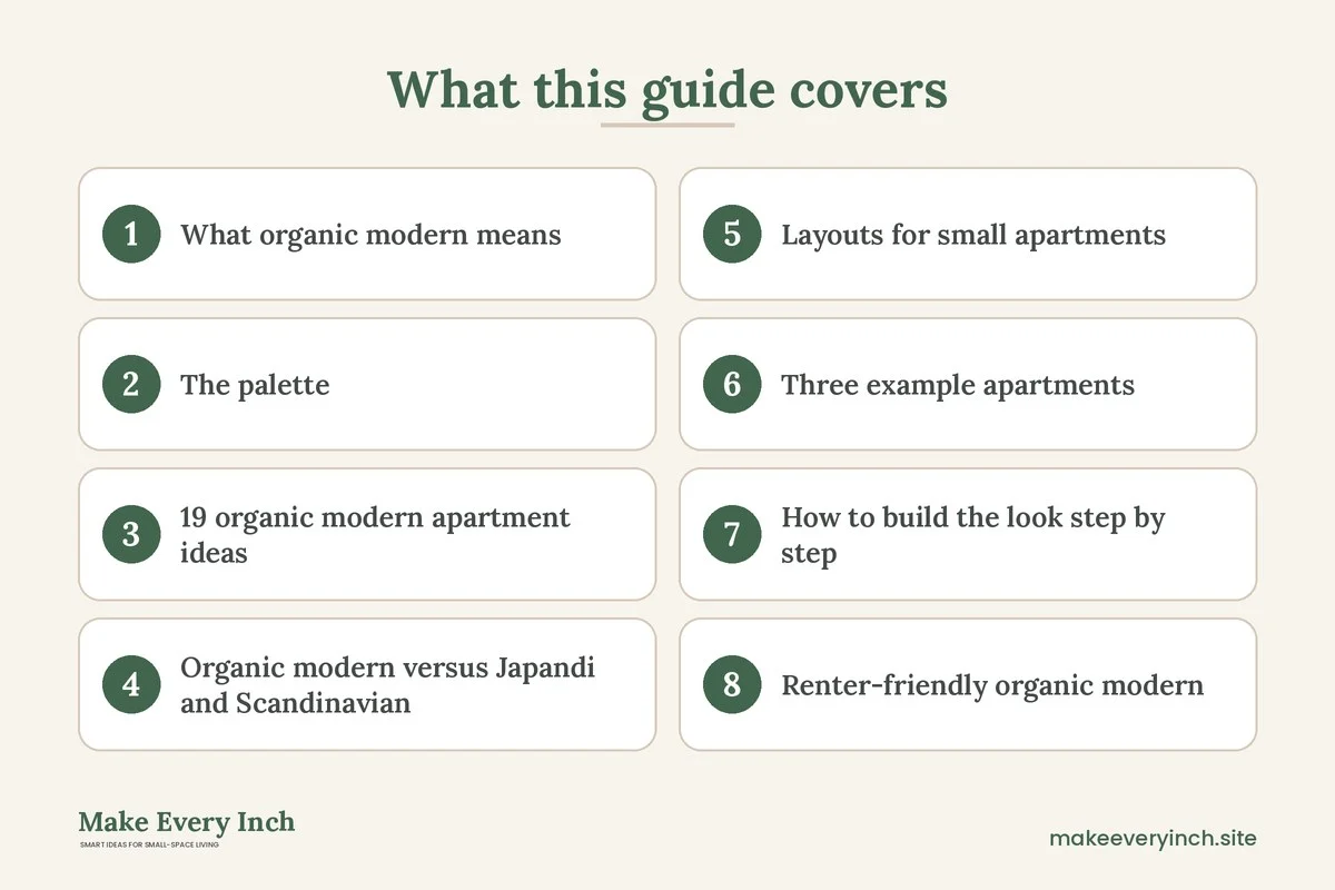 Graphic listing 8 topics covered in: 19 Organic Modern Apartment Ideas for Warm, Natural Rooms