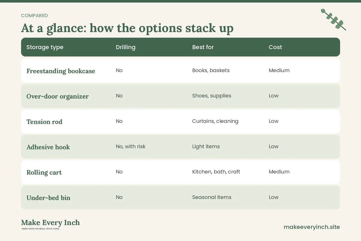Comparison table of options for: 21 Organization Ideas for Renters That Won't Cost You Your Deposit (Storage type, Drilling, Best for, Cost)