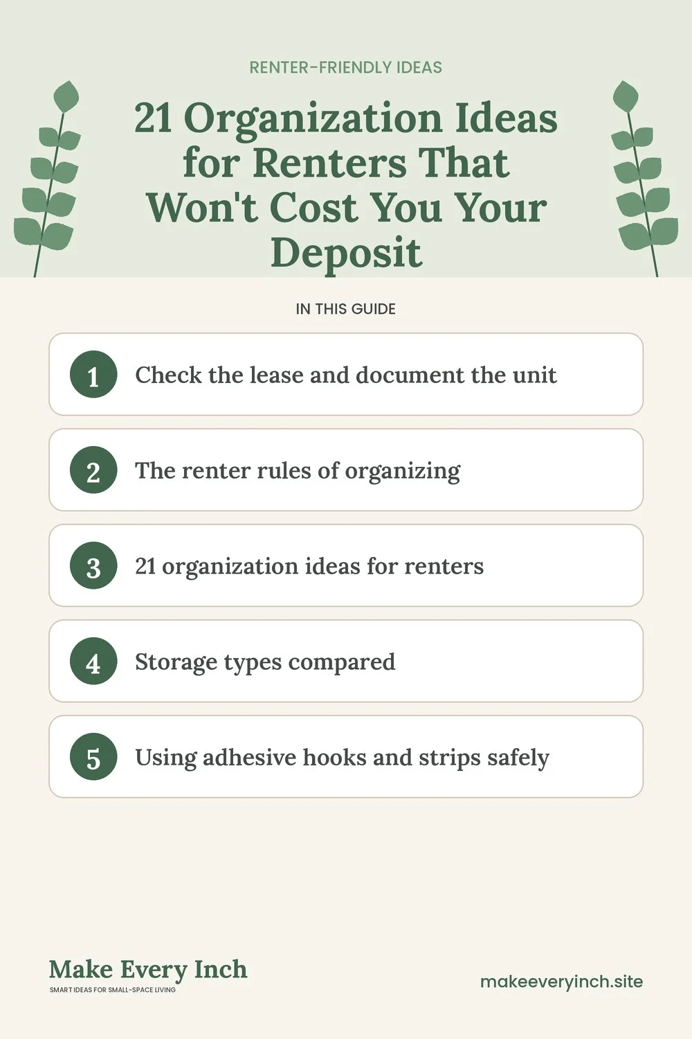 Pinterest pin listing the main topics in: 21 Organization Ideas for Renters That Won't Cost You Your Deposit