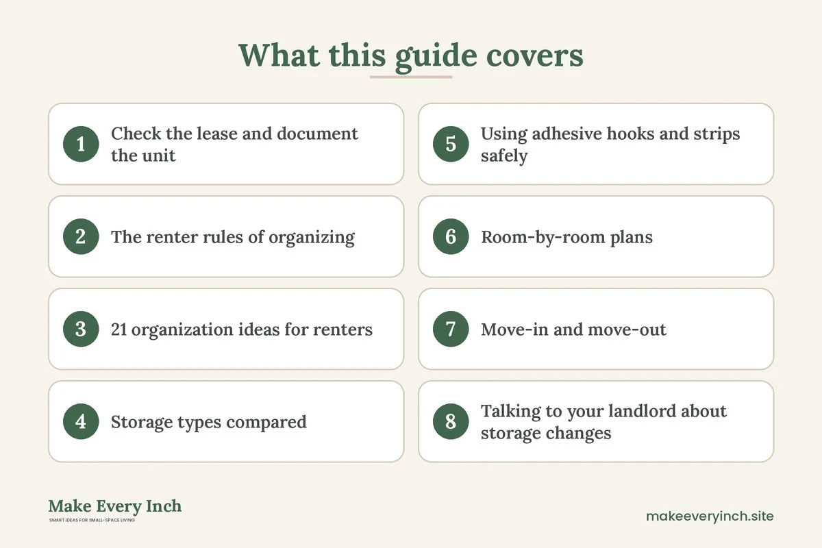 Graphic listing 8 topics covered in: 21 Organization Ideas for Renters That Won't Cost You Your Deposit