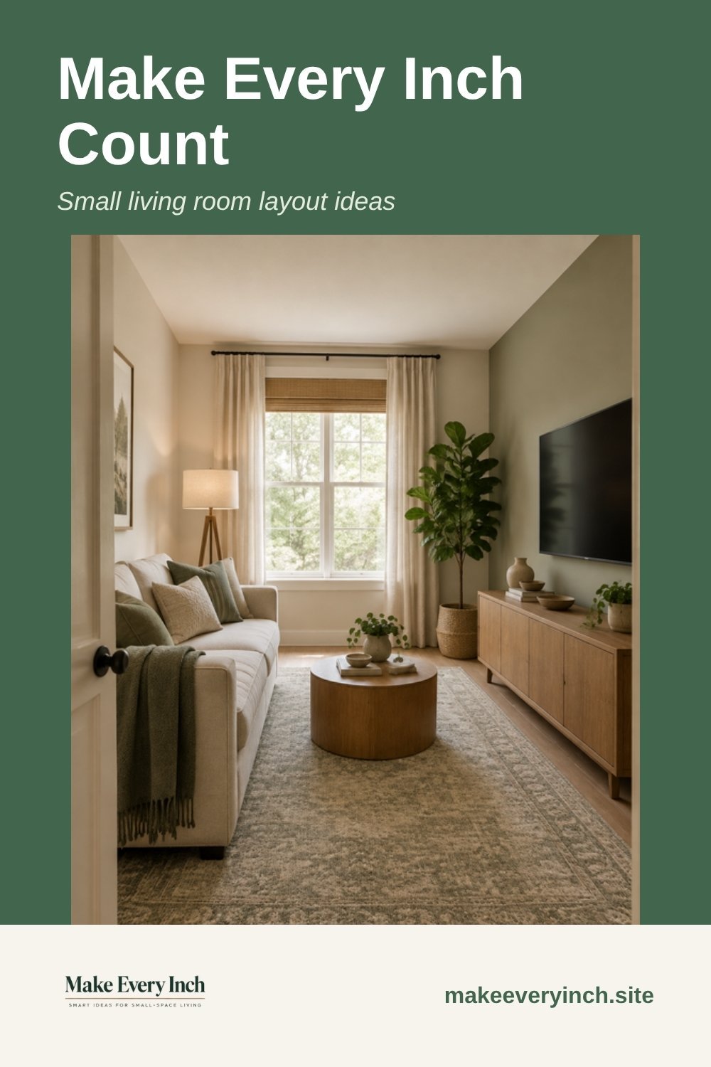 Pinterest pin: Make Every Inch Count, showing a small living room with a sofa facing a wall-mounted TV