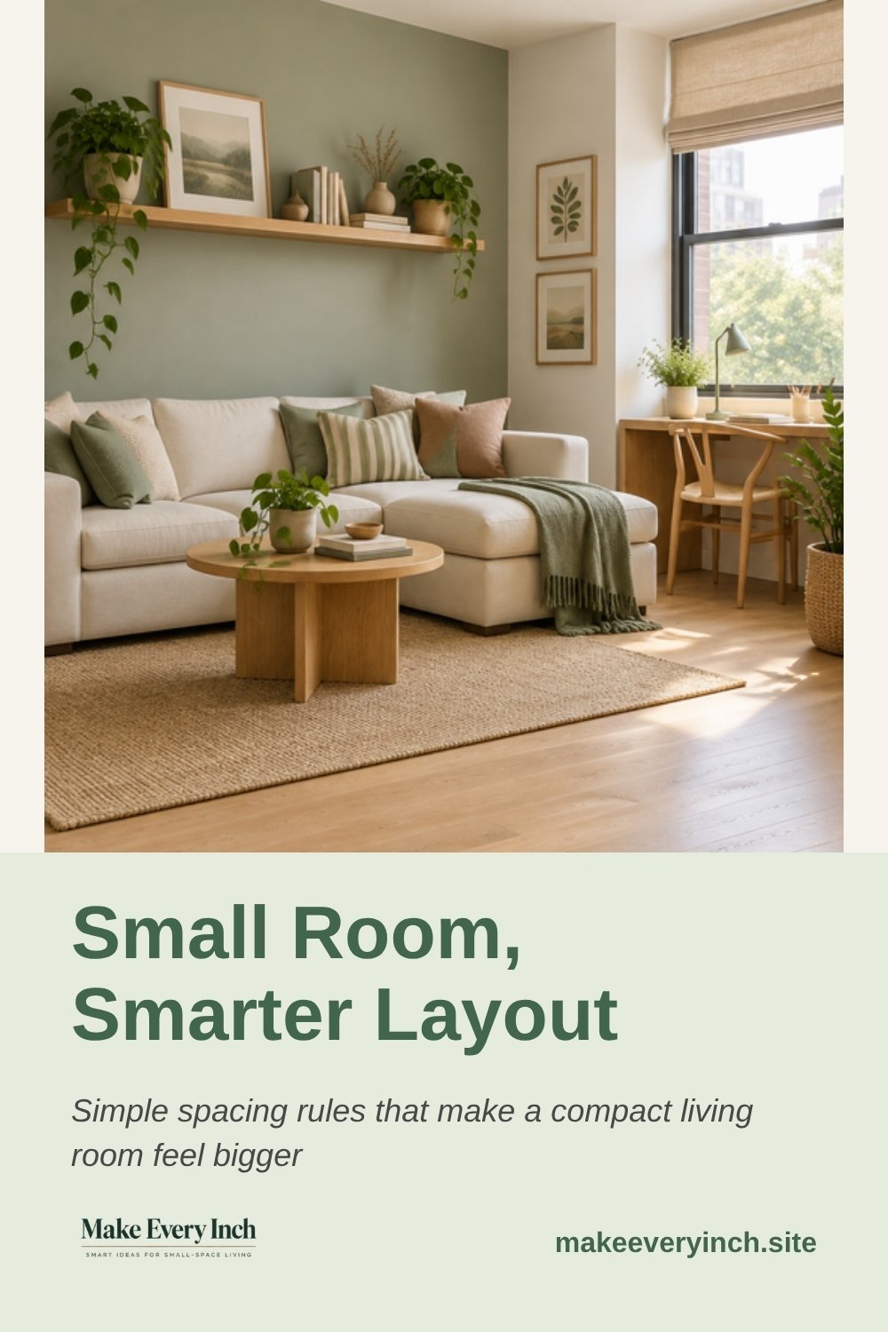 Pinterest pin: Small Room, Smarter Layout, showing a compact living room with an L-shaped sectional and a desk nook