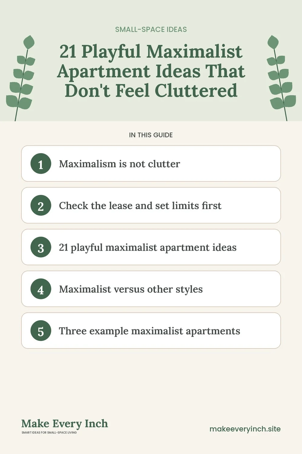 Pinterest pin listing the main topics in: 21 Playful Maximalist Apartment Ideas That Don't Feel Cluttered