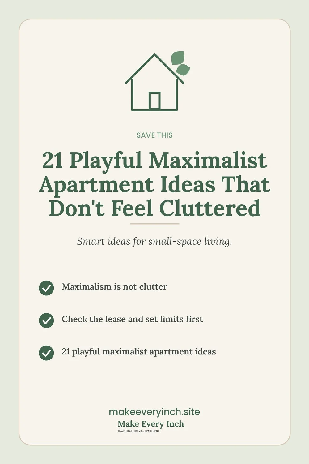 Save-this Pinterest pin with a short checklist for: 21 Playful Maximalist Apartment Ideas That Don't Feel Cluttered