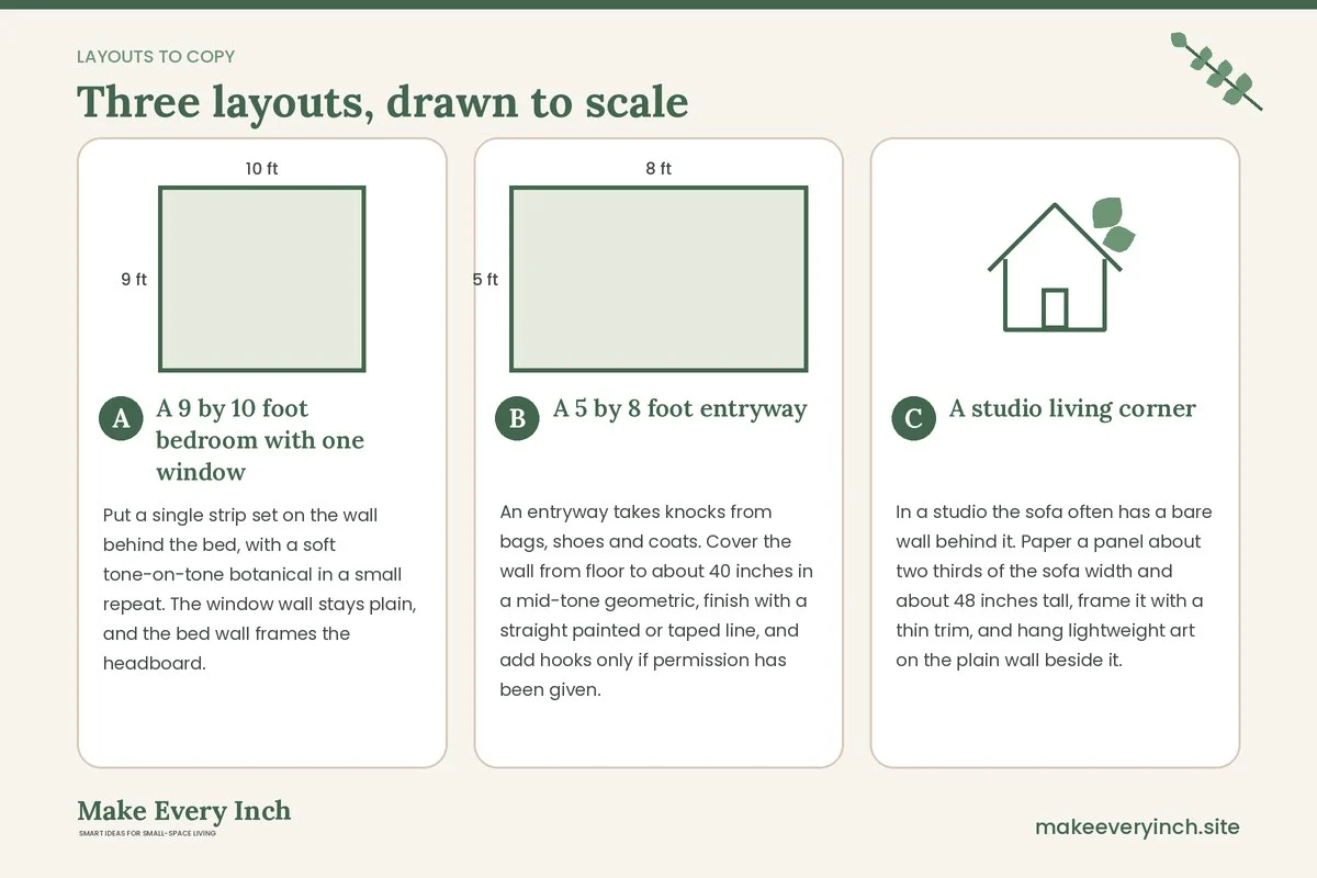 Three room layouts drawn to scale with dimensions and placement notes for: 12 Removable Wallpaper Ideas for Small Rooms and Tight Spaces