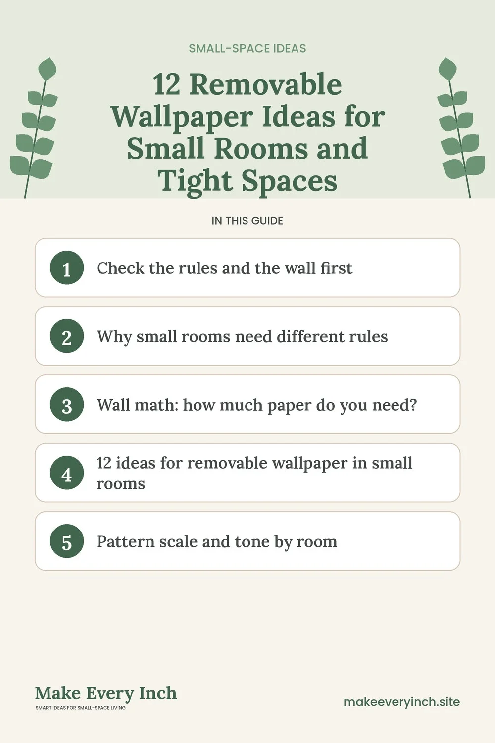 Pinterest pin listing the main topics in: 12 Removable Wallpaper Ideas for Small Rooms and Tight Spaces
