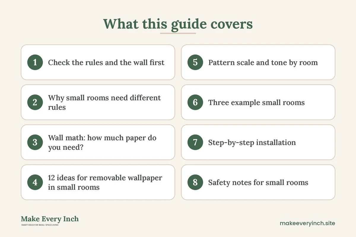 Graphic listing 8 topics covered in: 12 Removable Wallpaper Ideas for Small Rooms and Tight Spaces