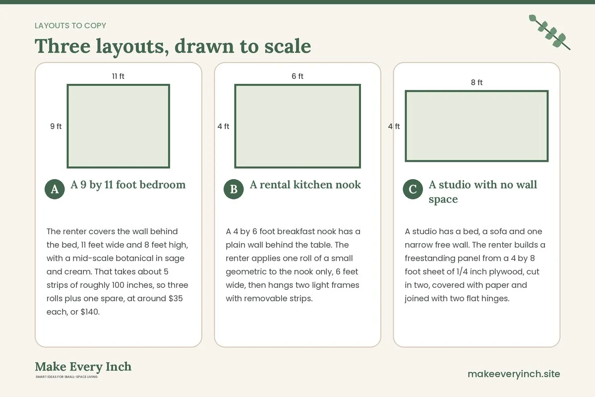 Three room layouts drawn to scale with dimensions and placement notes for: 21 Removable Wallpaper Ideas for Renters and Small Rooms
