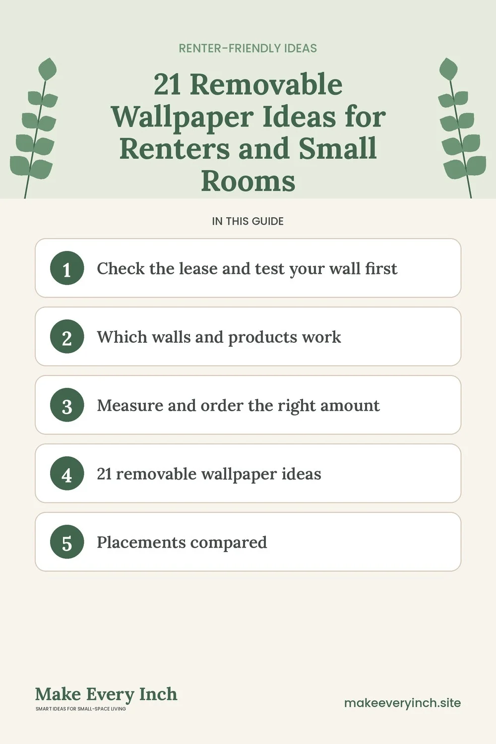 Pinterest pin listing the main topics in: 21 Removable Wallpaper Ideas for Renters and Small Rooms