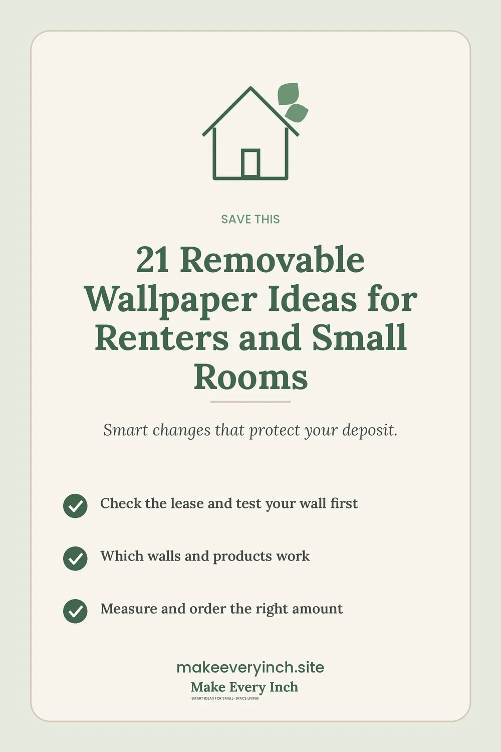 Save-this Pinterest pin with a short checklist for: 21 Removable Wallpaper Ideas for Renters and Small Rooms