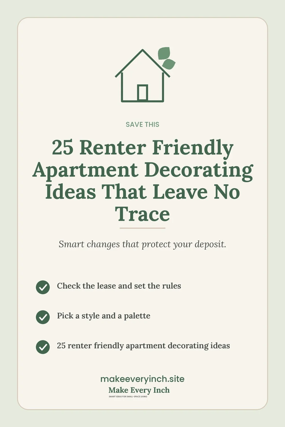 Save-this Pinterest pin with a short checklist for: 25 Renter Friendly Apartment Decorating Ideas That Leave No Trace