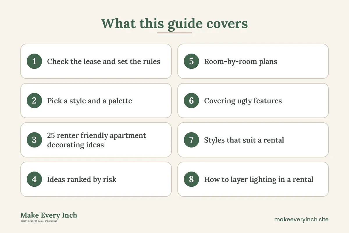 Graphic listing 8 topics covered in: 25 Renter Friendly Apartment Decorating Ideas That Leave No Trace