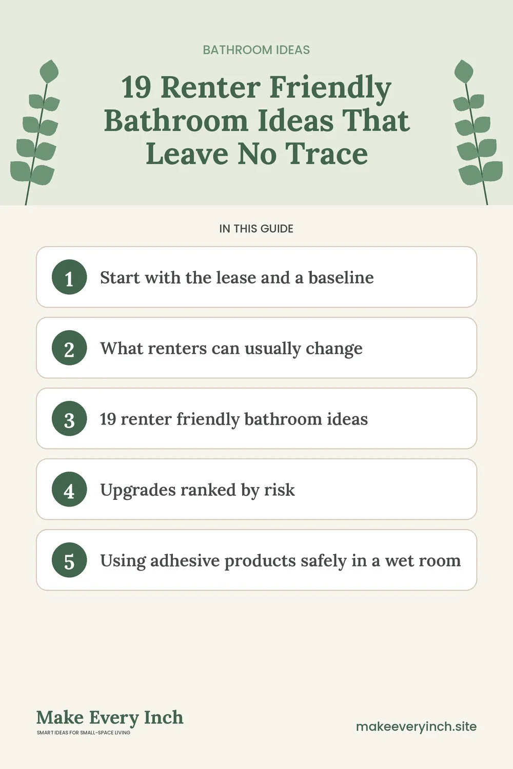 Pinterest pin listing the main topics in: 19 Renter Friendly Bathroom Ideas That Leave No Trace