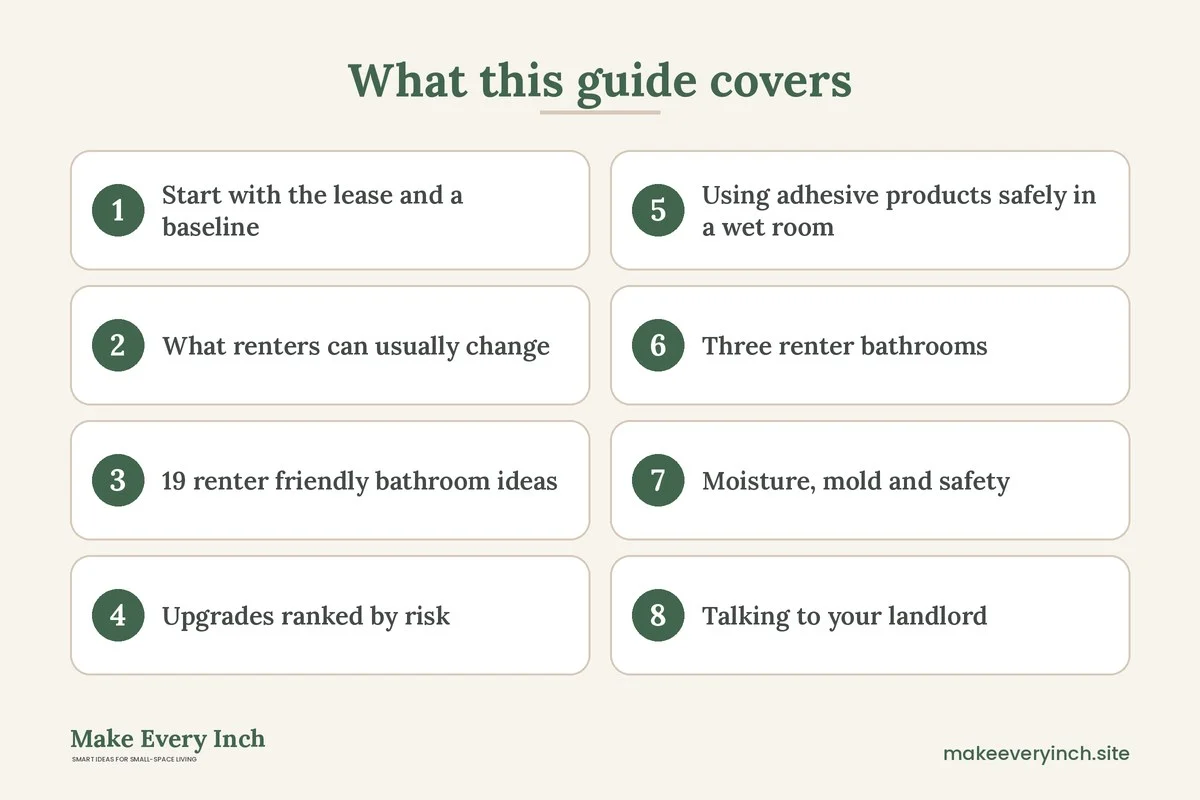 Graphic listing 8 topics covered in: 19 Renter Friendly Bathroom Ideas That Leave No Trace