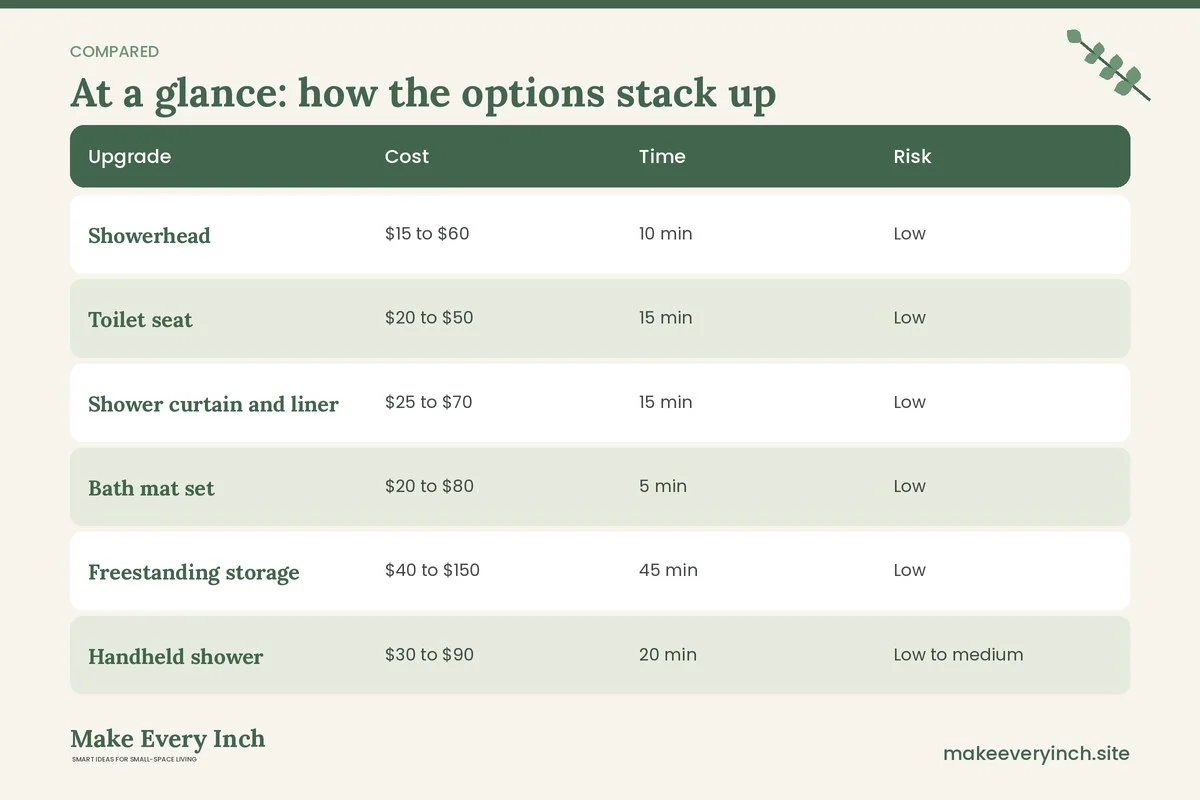 Comparison table of options for: 19 Renter Friendly Bathroom Upgrades With Costs and Risk Ratings (Upgrade, Cost, Time, Risk)