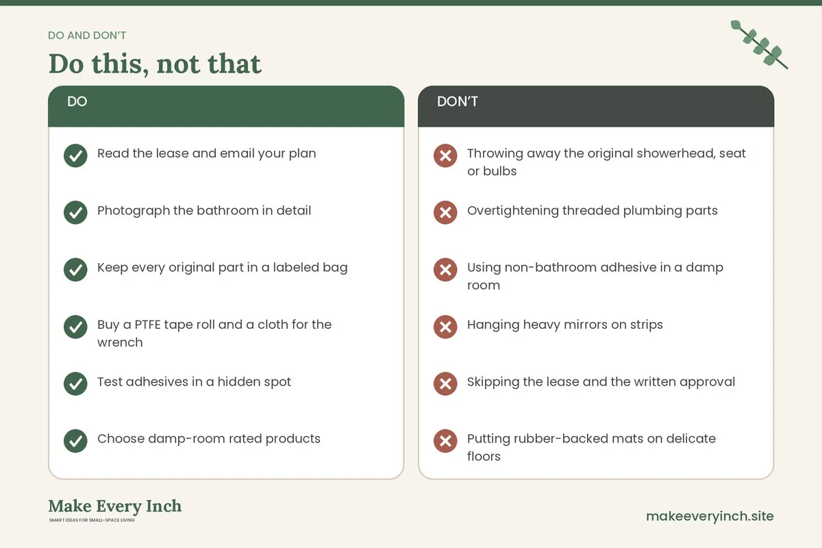 Do and don't checklist for: 19 Renter Friendly Bathroom Upgrades With Costs and Risk Ratings