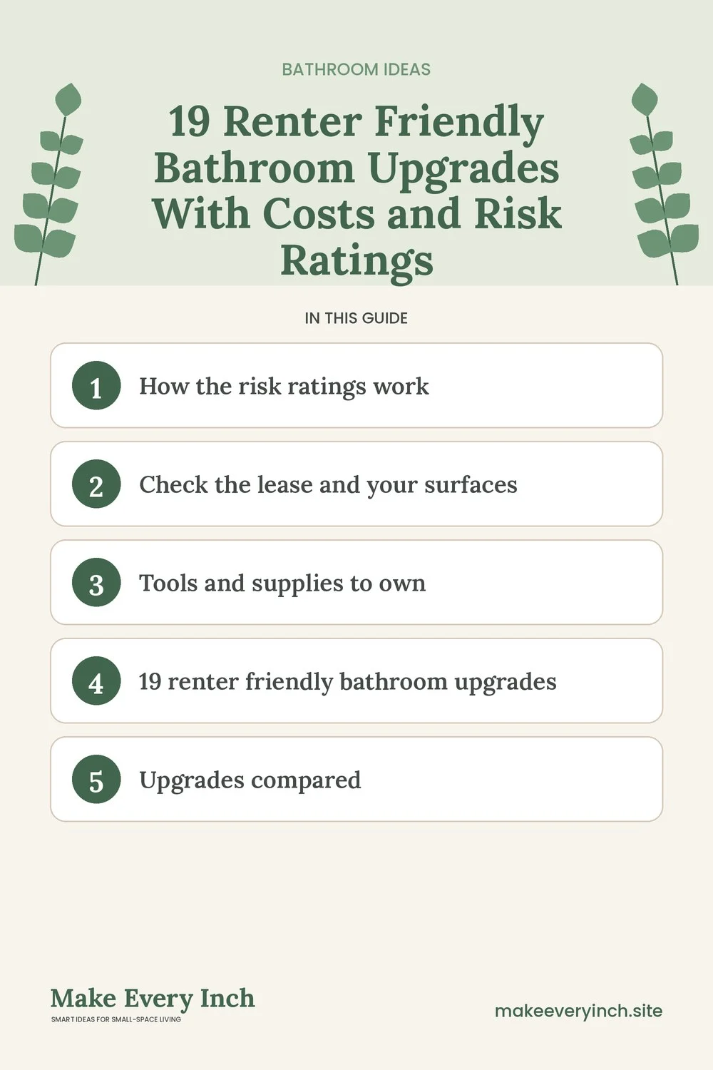 Pinterest pin listing the main topics in: 19 Renter Friendly Bathroom Upgrades With Costs and Risk Ratings