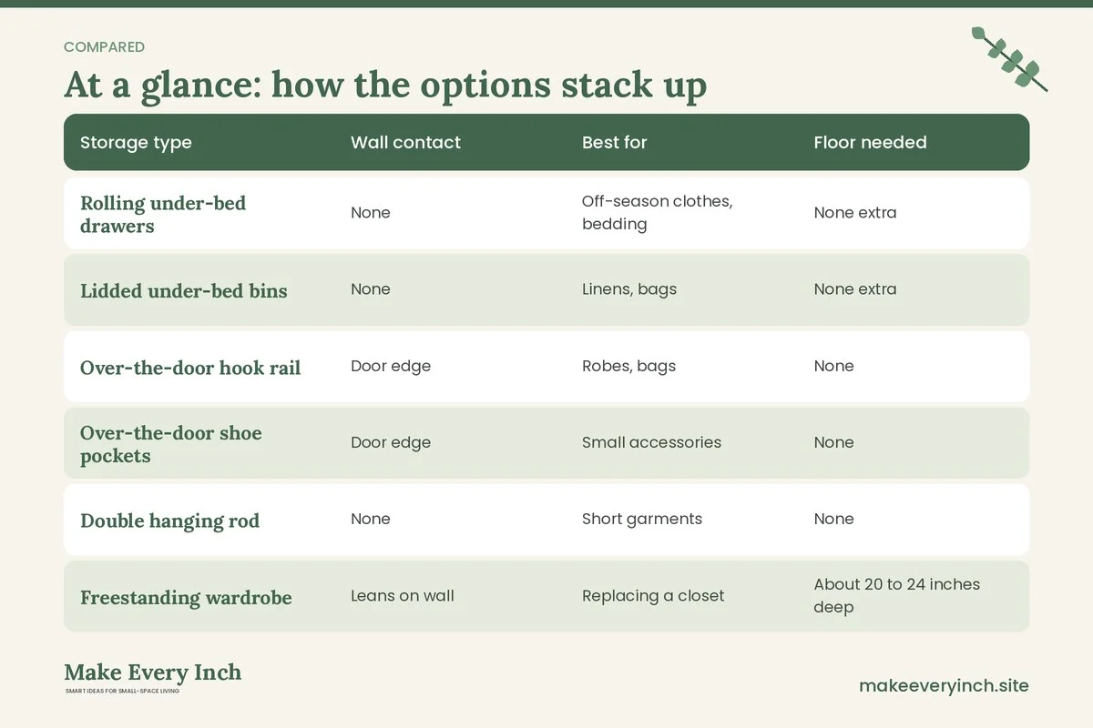 Comparison table of options for: Renter Friendly Bedroom Storage Ideas (Storage type, Wall contact, Best for, Floor needed)
