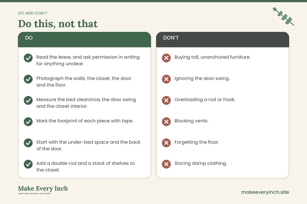 Do and don't checklist for: Renter Friendly Bedroom Storage Ideas