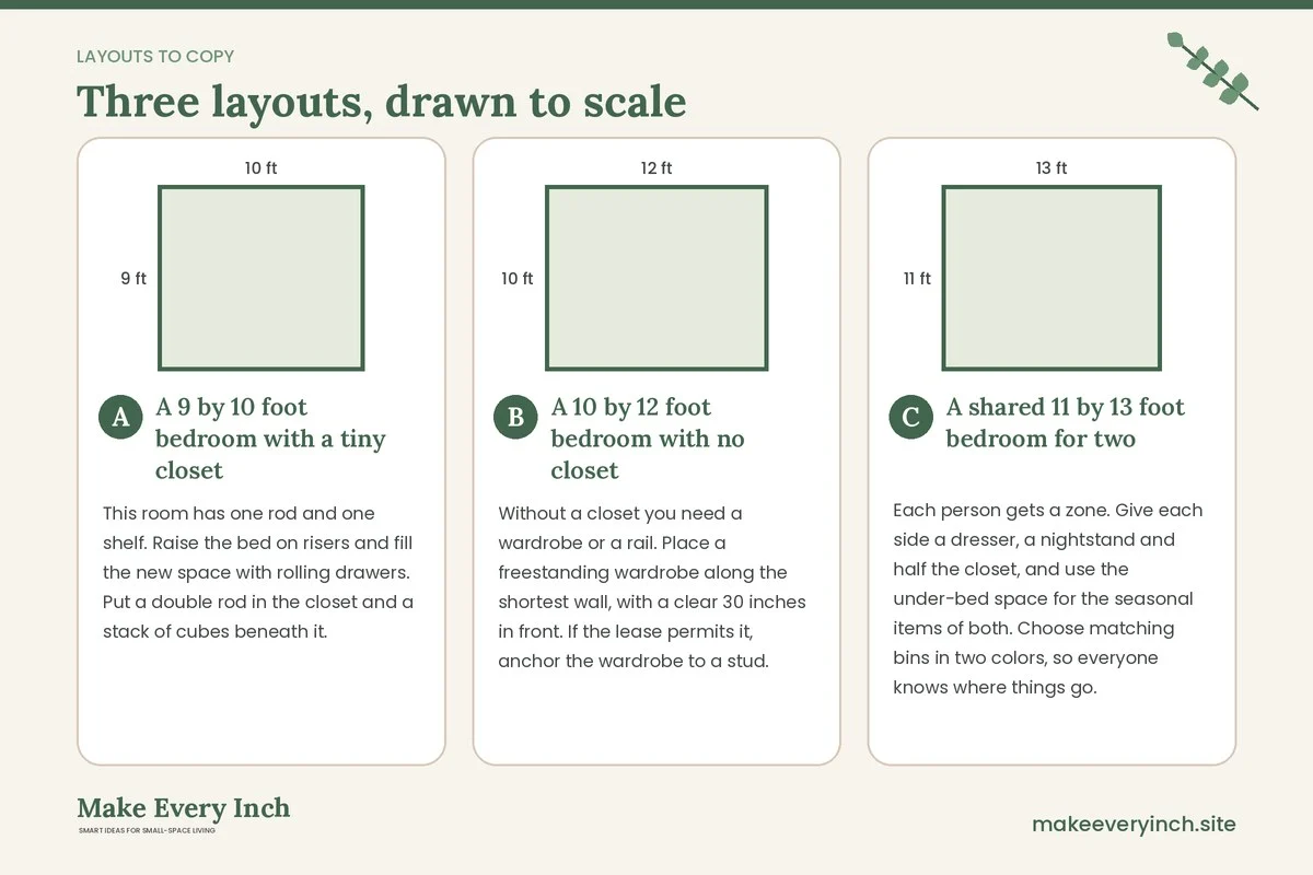 Three room layouts drawn to scale with dimensions and placement notes for: Renter Friendly Bedroom Storage Ideas