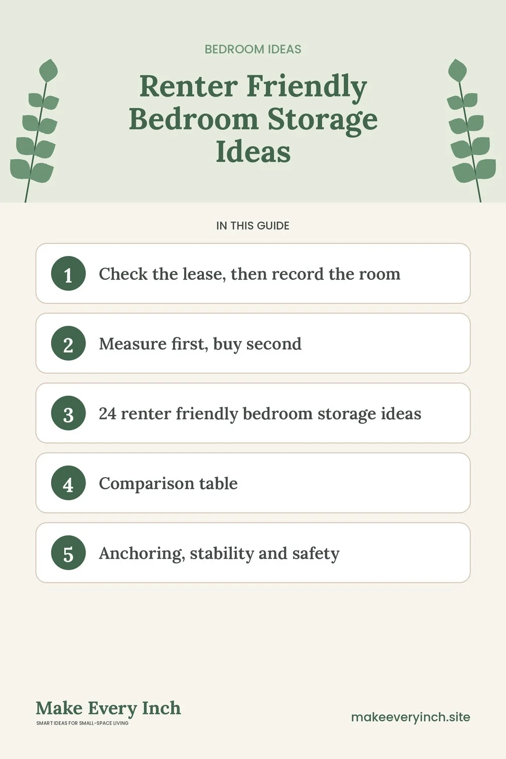 Pinterest pin listing the main topics in: Renter Friendly Bedroom Storage Ideas