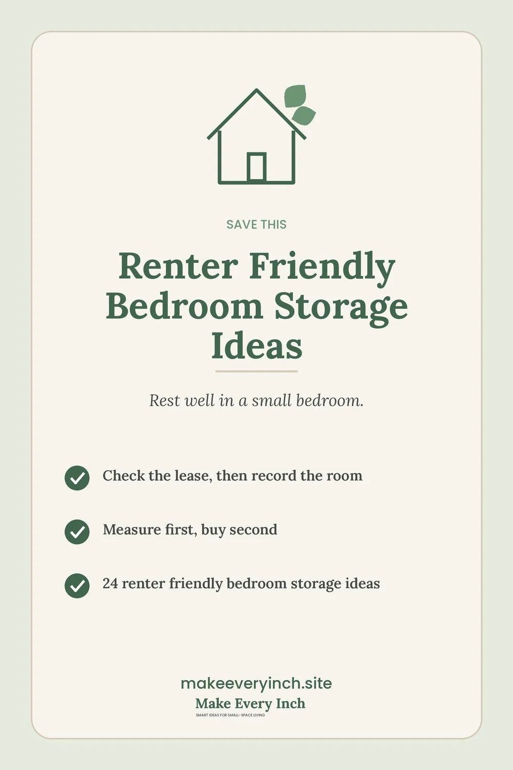 Save-this Pinterest pin with a short checklist for: Renter Friendly Bedroom Storage Ideas
