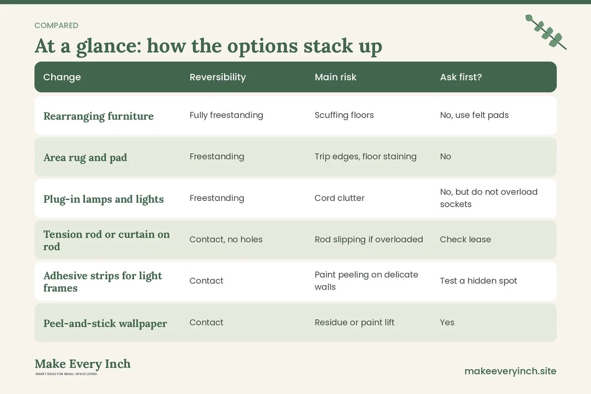 Comparison table of options for: Renter-Friendly Before and After Small Space Ideas for 3 Rooms (Change, Reversibility, Main risk, Ask first?)