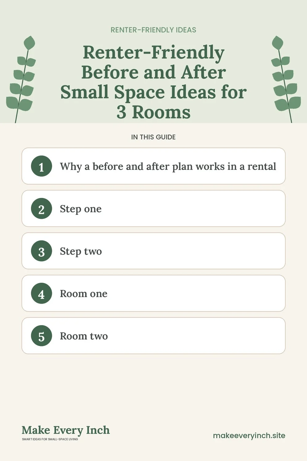 Pinterest pin listing the main topics in: Renter-Friendly Before and After Small Space Ideas for 3 Rooms