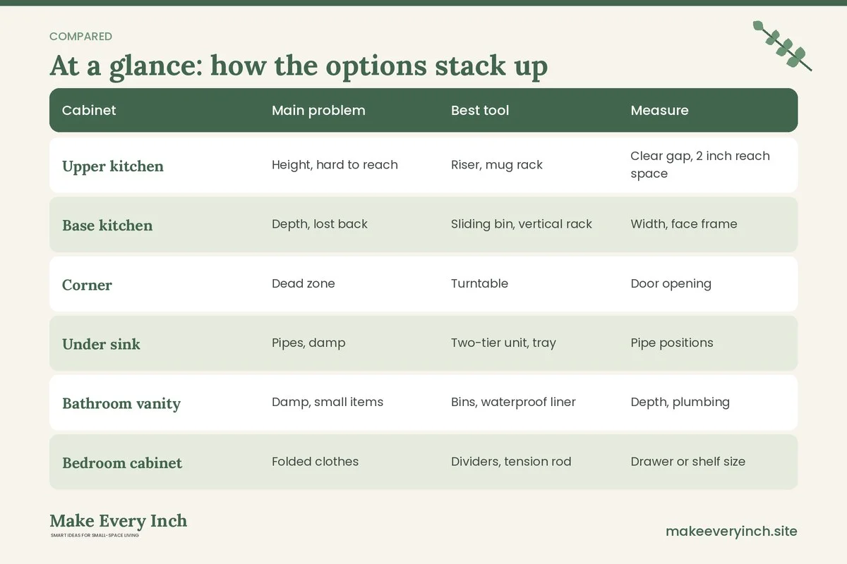 Comparison table of options for: Renter Friendly Cabinet Organization Ideas for Kitchens and Baths (Cabinet, Main problem, Best tool, Measure)
